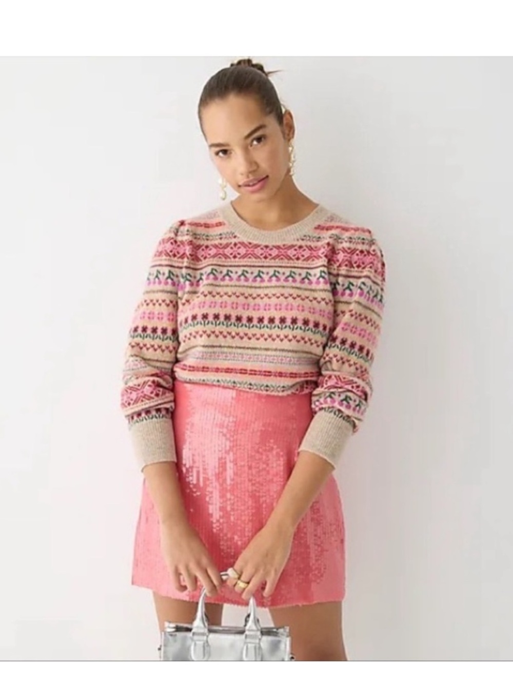 J. Crew Puff-sleeve Cherry Fair Isle Crewneck‎ Sweater Size Small girly dainty